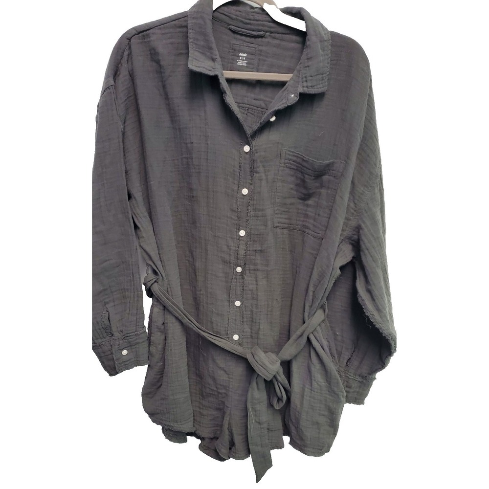 Aerie Cotton Gauze Short Romper Size Medium Dark Gray Button front Long Sleeves